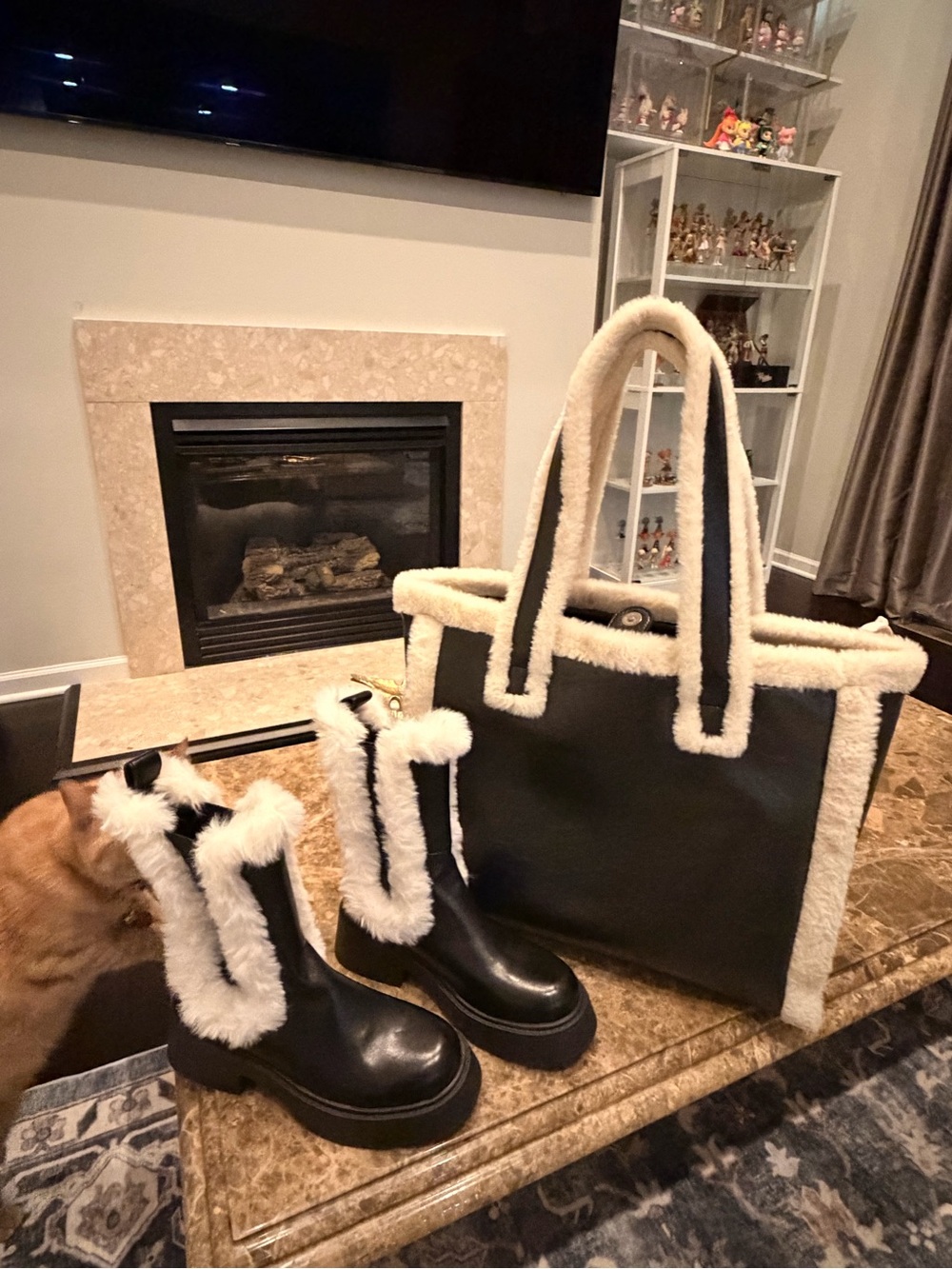 Faux-Shearling Trim Black Tote Bag and Boot Set